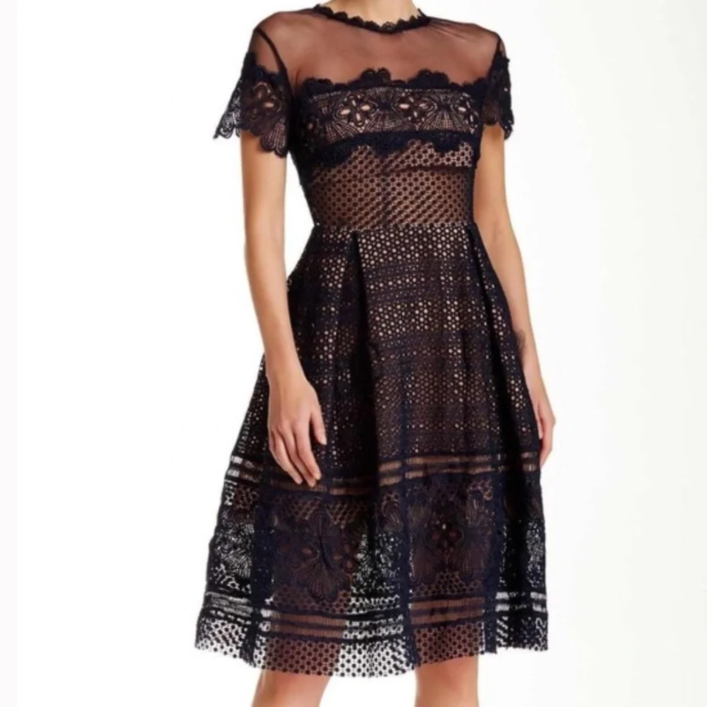 Few Moda NWT Ramona Navy Blue & Nude Lace & Mesh Party Dress - S